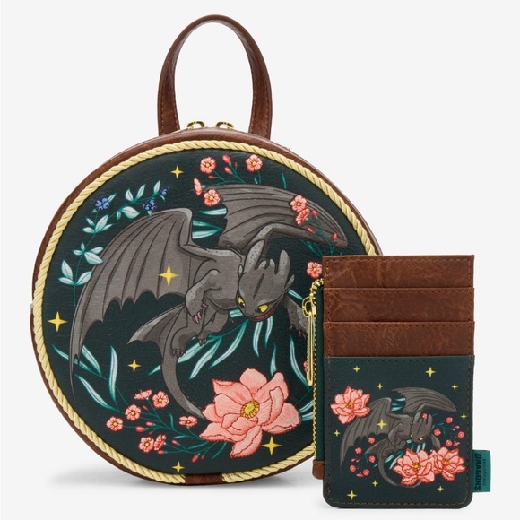 Exclusive Loungefly How to Train Your Dragon Toothless Floral Mini Backpack Set - Picture 10 of 10
